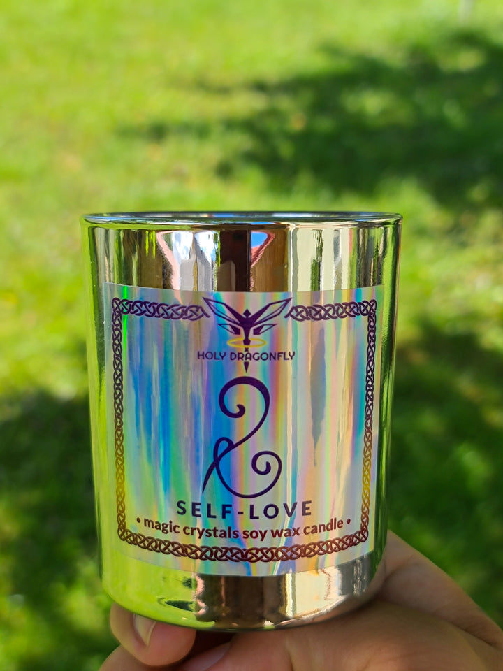 magiskas metalizuota soju vasko zvake su naturaliais kristalais rozinis kvarcas angelo aura avantiurinas