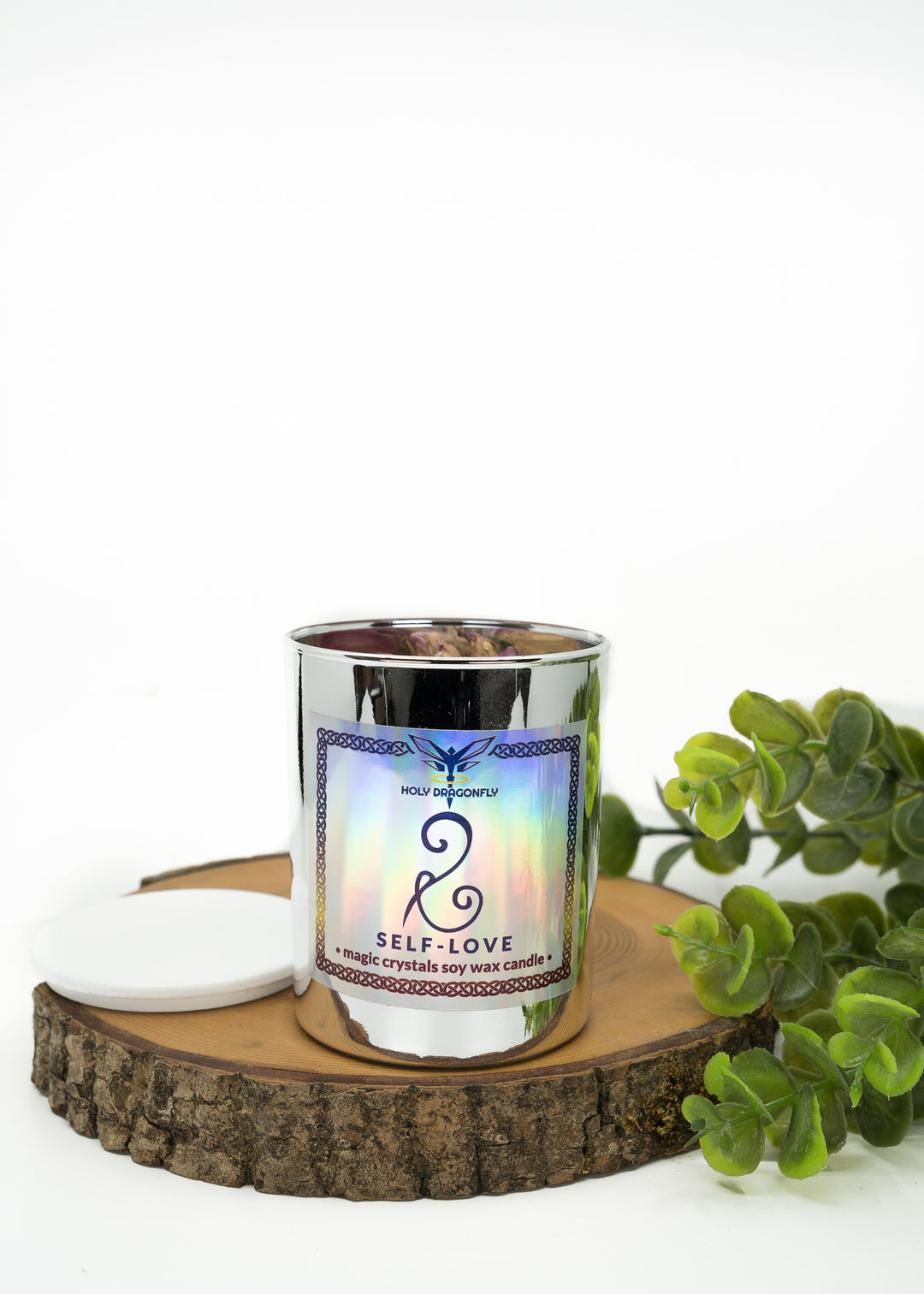 magiskas metalizuota soju vasko zvake su naturaliais kristalais rozinis kvarcas angelo aura avantiurinas