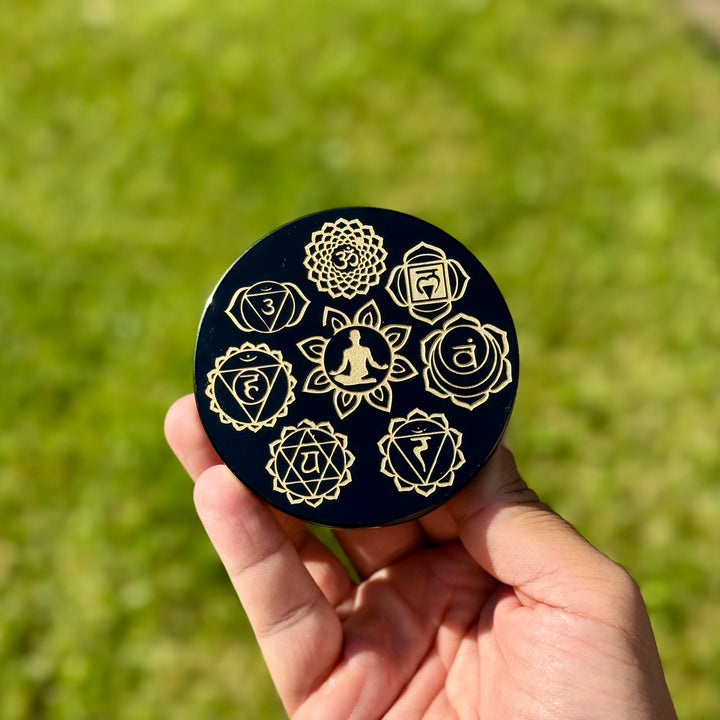 Obsidiano veidrodis "7 čakrų" 8 cm.