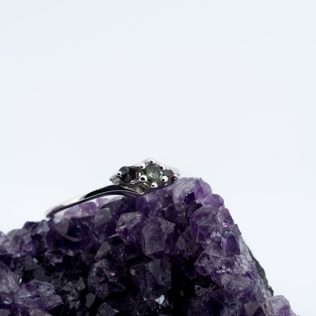 Sidabrinis žiedas su moldavitu ir čekišku granatu „Žemės ugnis“