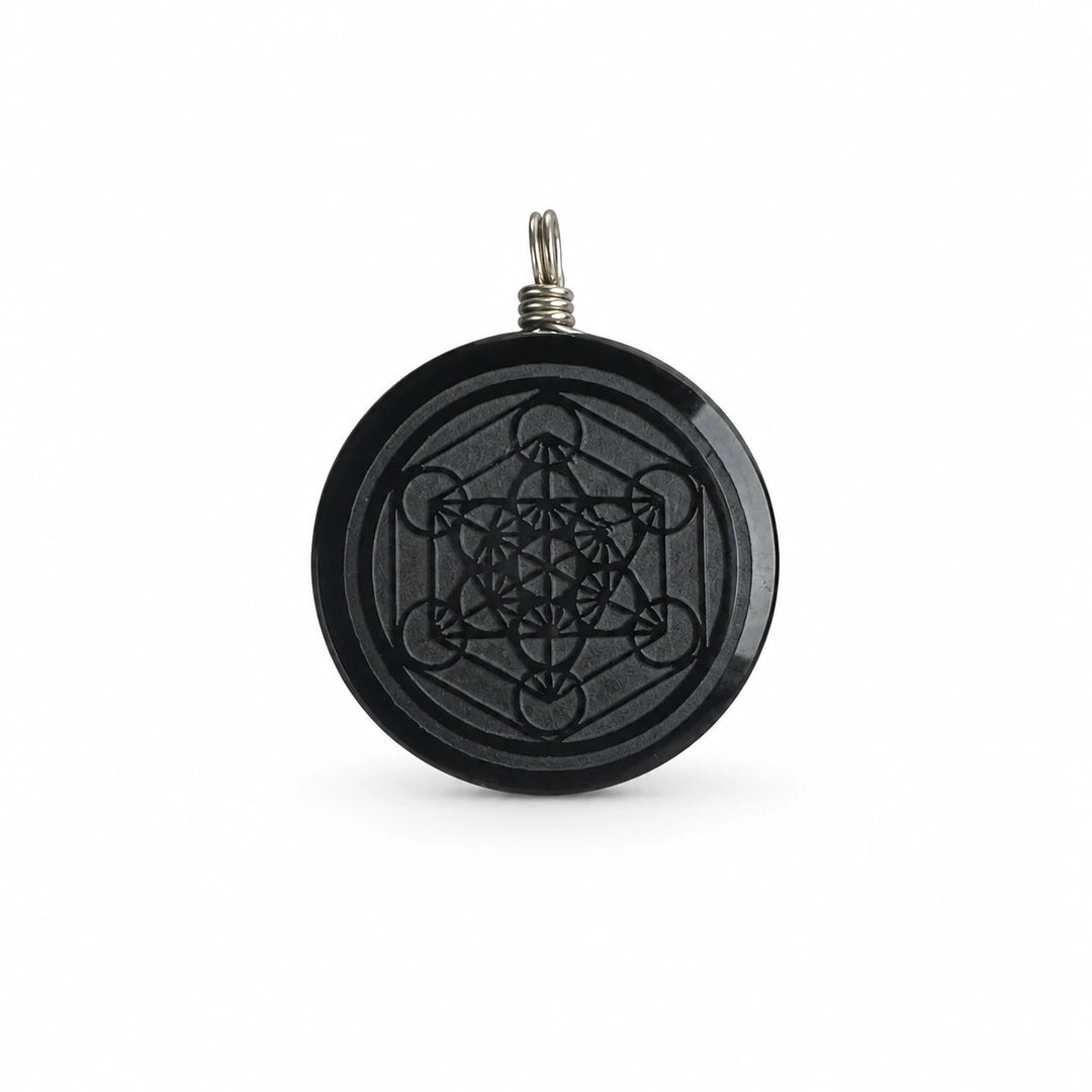 Juodo obsidiano pakabukas su Metatrono kubu