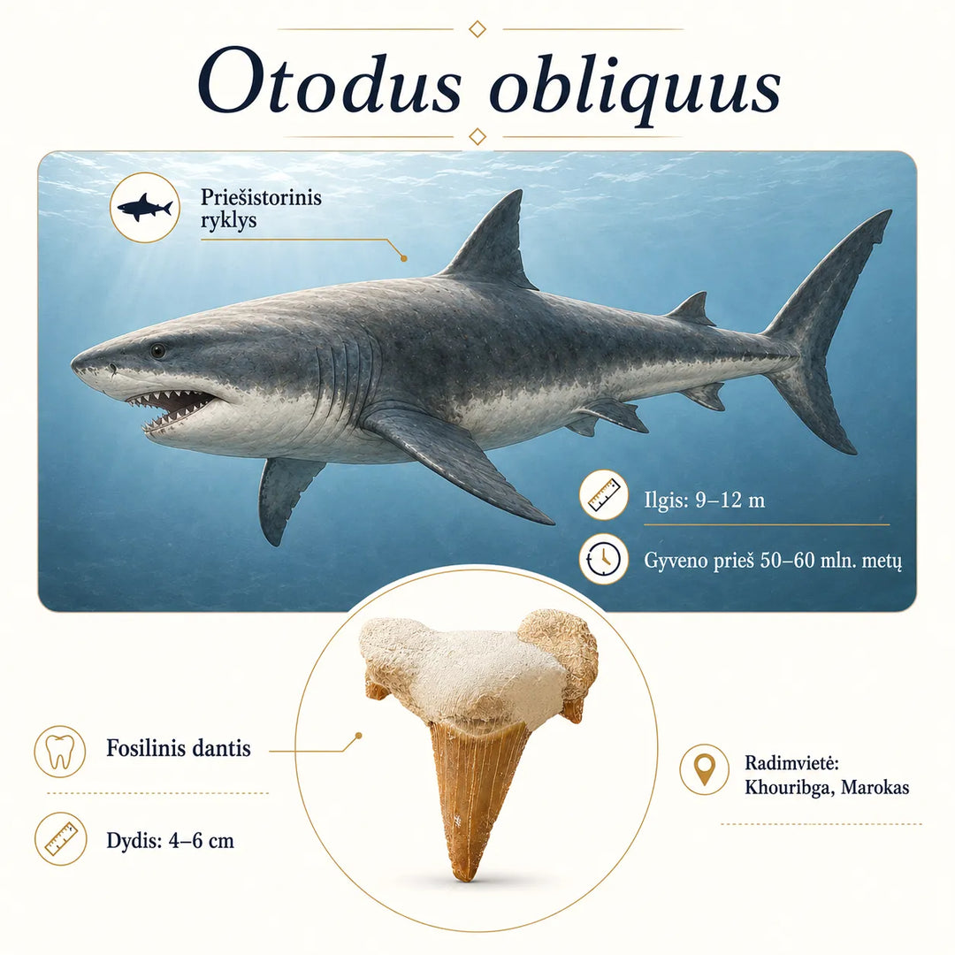 Priešistorinio ryklio Otodus obliquus iliustracija ir rasta fosilinio danties nuotrauka.