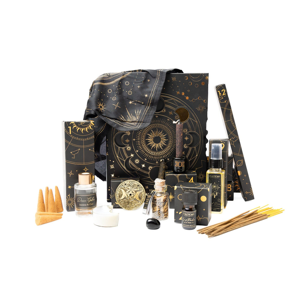 12 dalių „Pureworks Perfumery Esoteric Collection“ dovanų rinkinys mėnulio ciklo dėžutėje