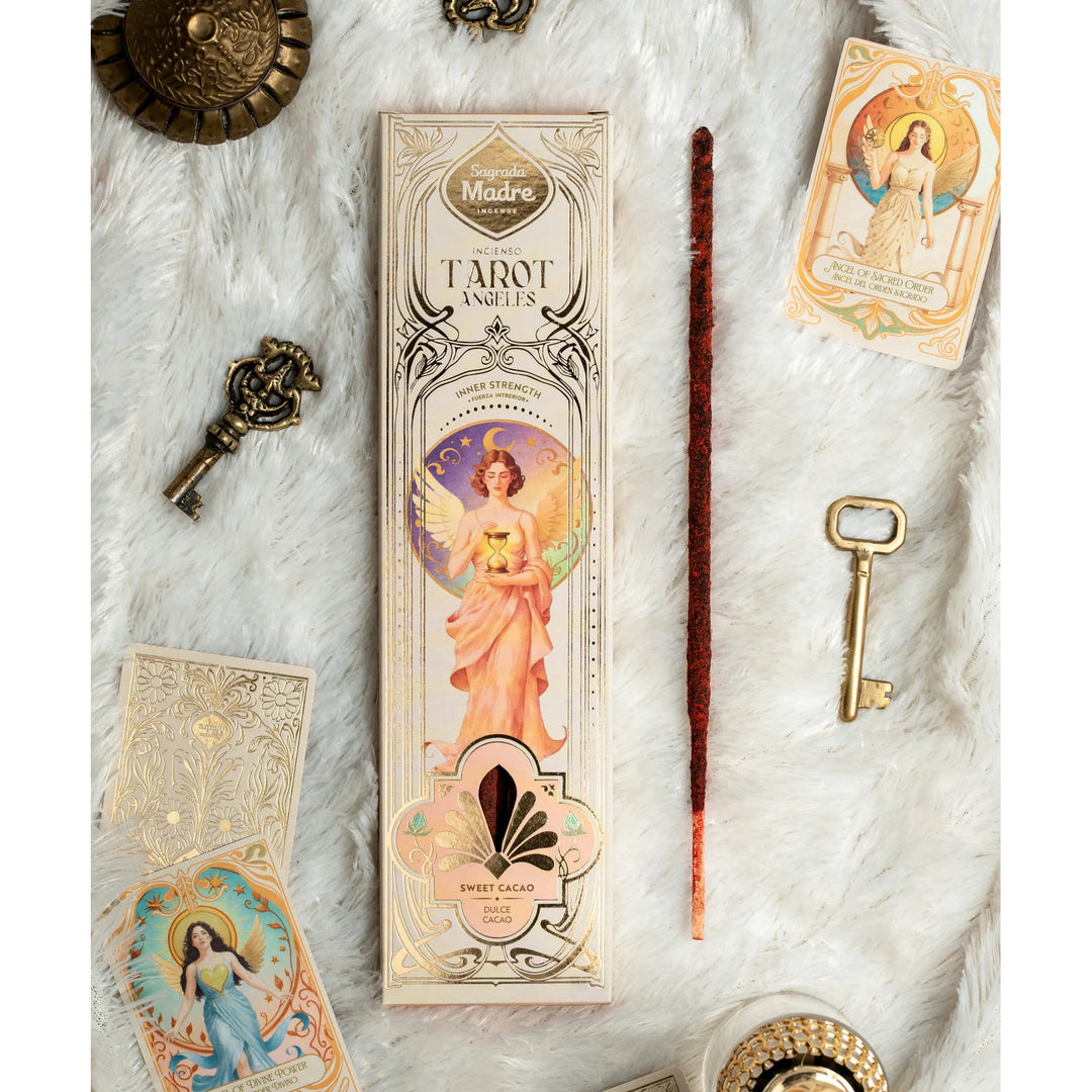 Sagrada Madre „Tarot Angels“ – Inner Strength – pakuotė su smilkalais ir kortelių pavyzdžiais