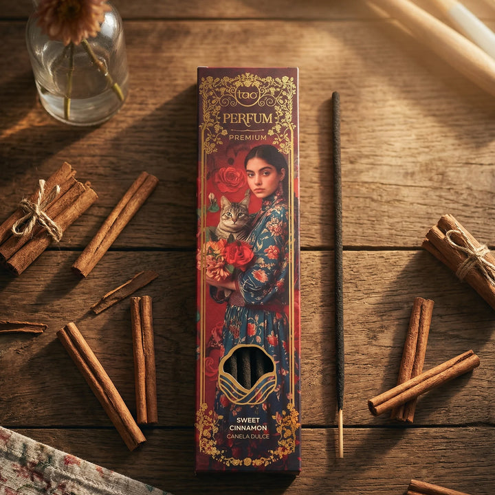Sagrada Madre Tao Perfum – Sweet Cinnamon – smilkalų pakuotė aplinkoje