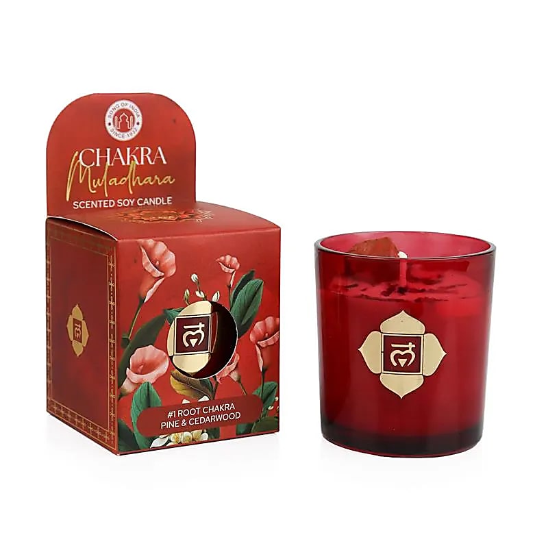 Muladhara čakros sojų žvakė su pušų ir kedro aromatu